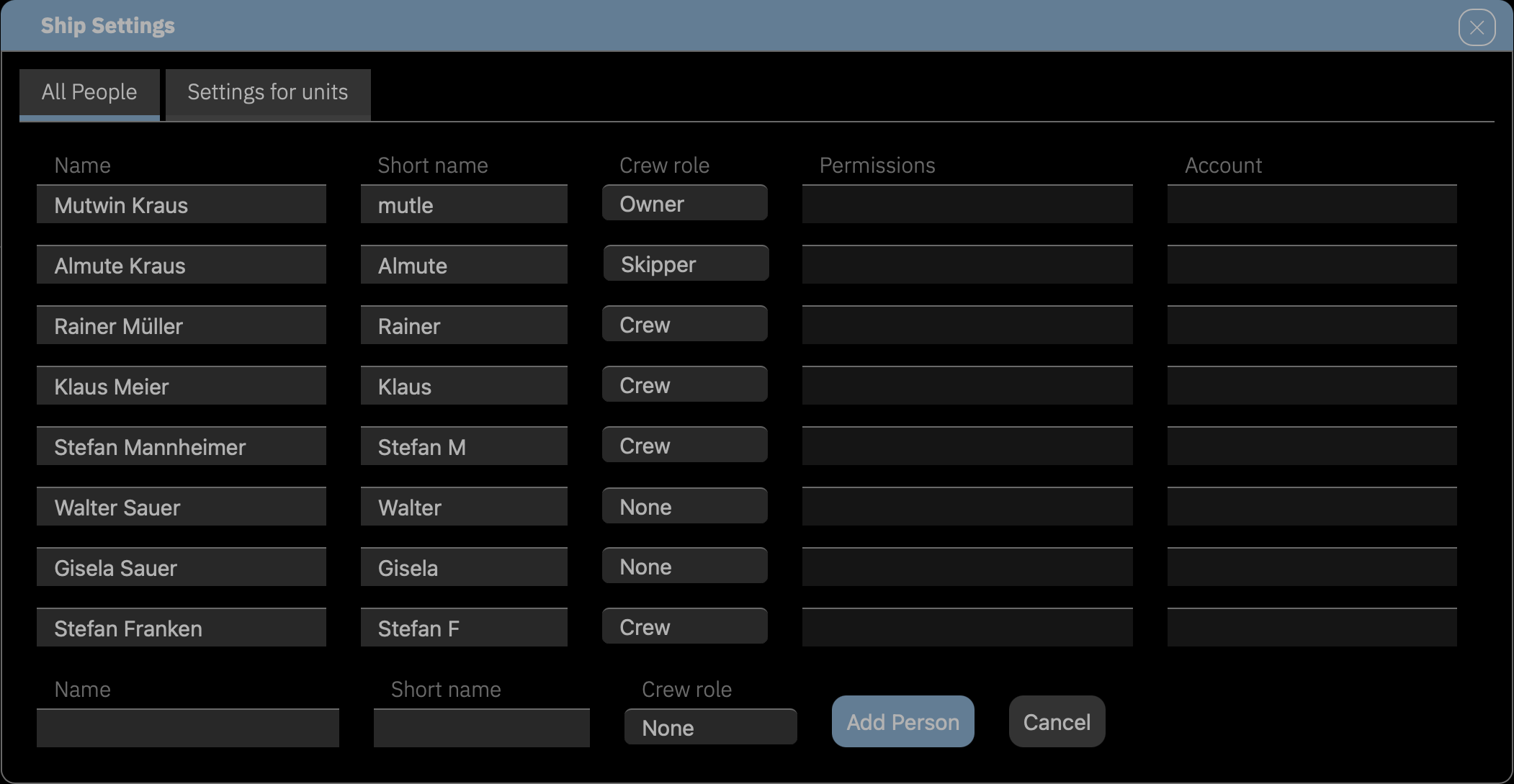 Die Personenliste in den **Settings**