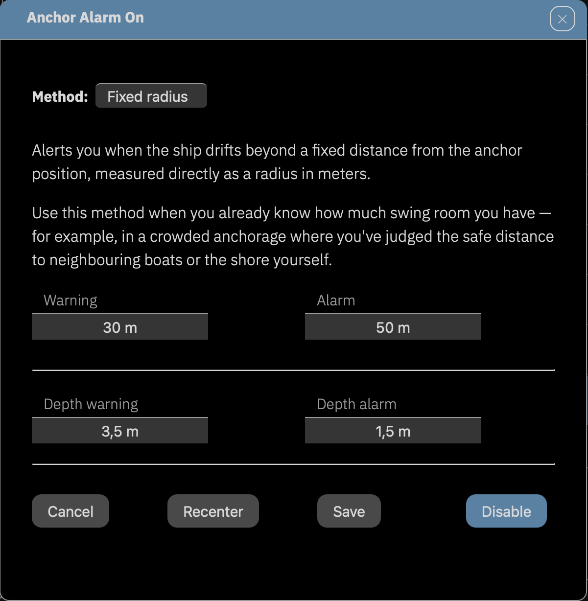 Setting dialog for anchor alarm