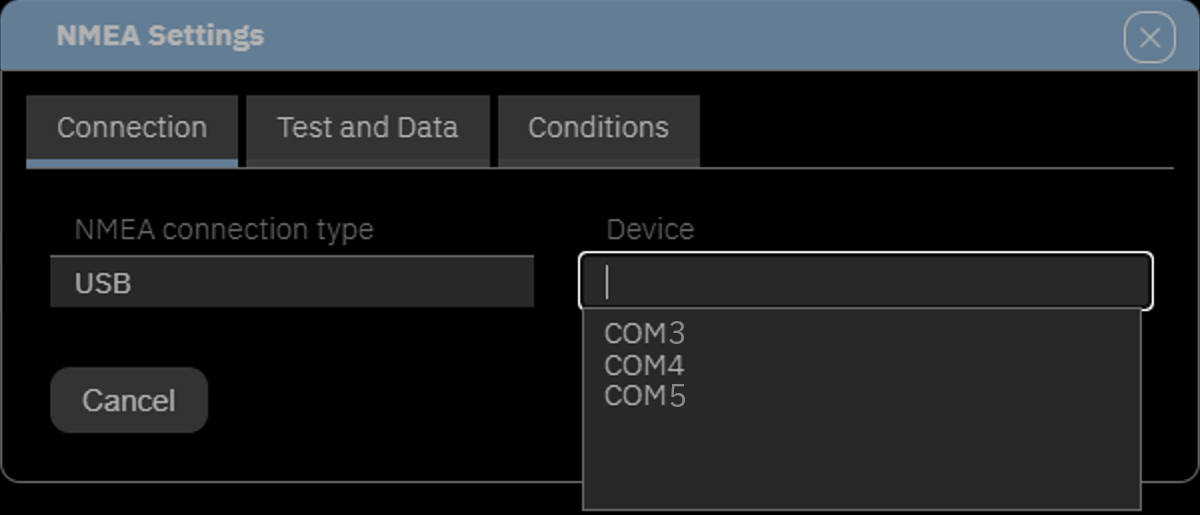 Setting up the USB NMEA connection in the dialog <strong>NMEA Settings</strong>