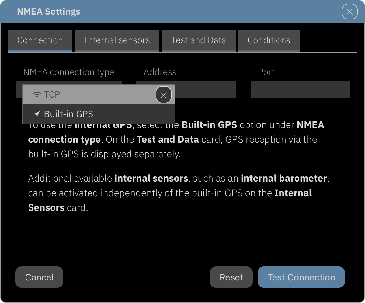 Setting up the connection to the internal GPS in the <strong>NMEA Settings</strong> dialog