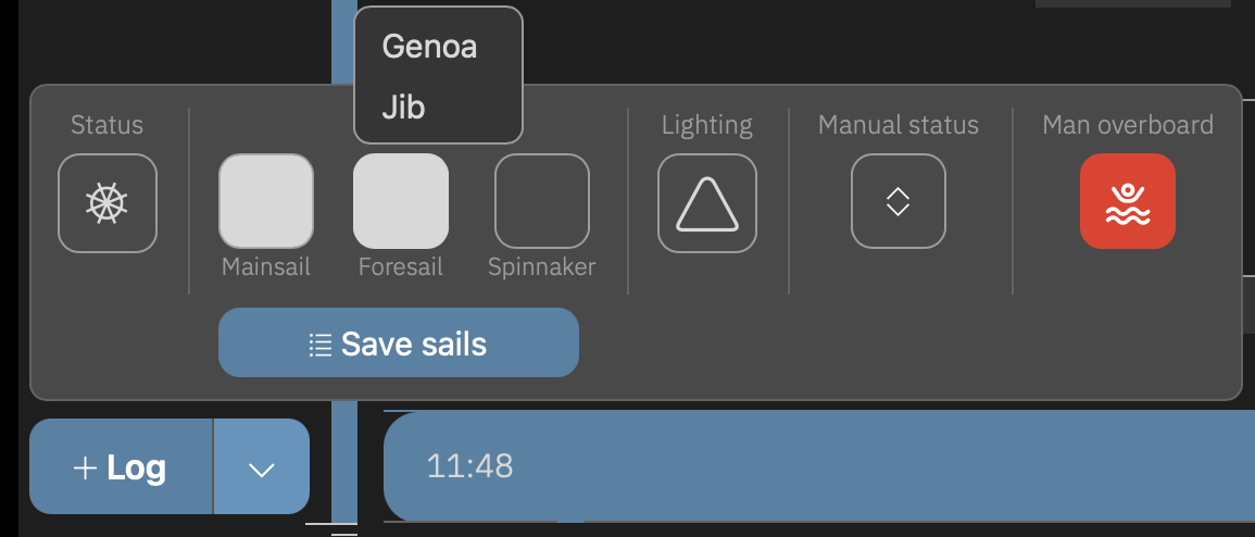 Selecting sails in the log menu