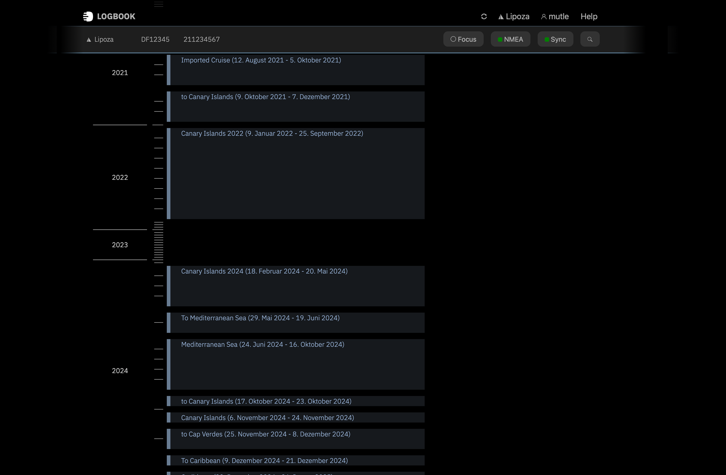 The Timeline shows an overview of all cruises